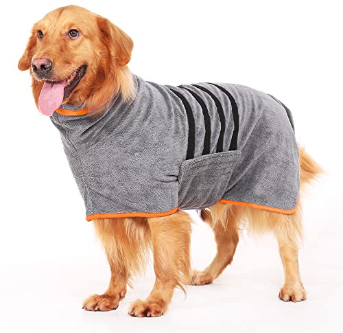 HezzLuv Microfiber Dog Drying Coat – Super Absorbent & Quick-Drying Dog Robe – Adjustable Fit for Medium to Large Dogs – Ideal for Bath, Swim & Wet Walks(Orange, XXL)