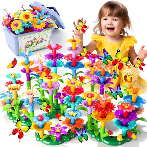 Doloowee 184Pcs Flower Garden Building Toys for Girls 3 4 5 6 7 Year Old, Upgrade DIY Building Stacking Toys, STEM Preschool Educational Toddler Toys Brain Development Kindergarten Kids Toy