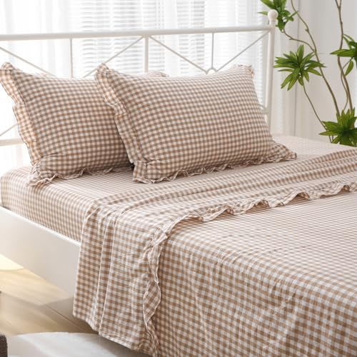 K MASANIJI Taupe White Plaid Ruffle Sheets Queen Size 4-Piece Set, 300TC 100% Yarn Dyed Washed Cotton Checker Sheets 18'' Deep Pocket Farmhouse Gingham Decorative Bedding（Taupe/White Plaid, Queen）