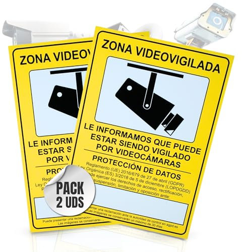 2 Pcs | Cartel Videovigilancia Homologado | Zona Videovigilada | Tamaño A4 (30X21cm) | Material PVC 0,7mm | Cartel Cámara Vigilancia para Exterior e Interior