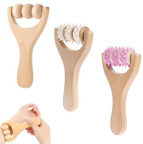 3 Stück Massageroller Holz Faszienrolle mit Griff Multifunktional Massage Tool für Entspannung von Rücken Bein Händen Ganzkörpermuskulatur