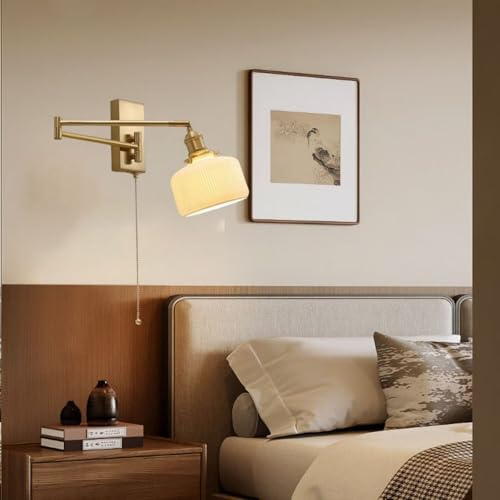 Swing Arm Wall Lamp Pull Cord Switch Adjustable Long Arm Wall Sconce Modern Gold Bedside Reading Lamp Milk White Ribbed Ceramic Shade Rotatable Brass Wall Light for Living Room Bedroom Study, Bell