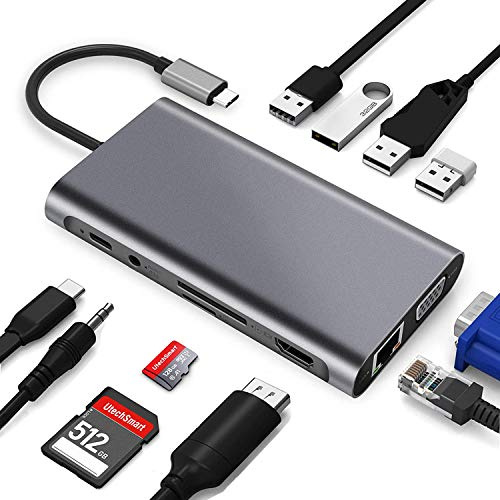 USB C HUB, docking station, adattatore USB C 11 in 1 con HDMI 4K, VGA, porta USB 3.0, tipo C PD, Ethernet RJ45, schede SD/TF, AUX da 3,5 mm, compatibile con MacBook Pro/Air