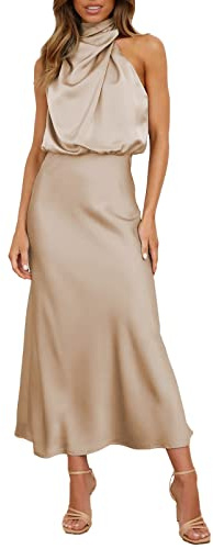 Robe de Soiree Femme en Satin- Robe Longue sans Manches épaules Dénudées Taille Haute Chic Et éLégant Dress Pas Cher Coupe Ajustée Léger DéContracté pour Fête Cocktail Ceremonie Business