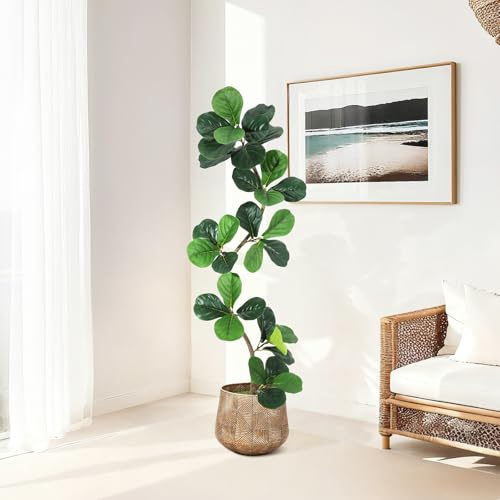 GarveeHome Fiddle Leaf Fig Artificial Tree with White Planter,5 ft Faux Plants Indoor with Moss, Fake Rubber Tall Fake Floor Plant in Pot - Artificial Trees for Home Office Living Room Decor