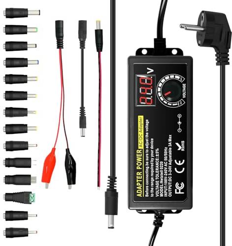 Wowfast 72W Universal Netzteil 3V~24V Einstellbares Variables Schaltnetzteil– Schaltnetzteil AC/DC Adapter 100-240V mit 14 Aufsätzen, Polkonverter + Messleitung,3A Max