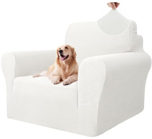 Ystyle Housse Canapé 1 Place avec Accoudoirs, Housse Canape Extensible, Protege Canape Universelle, Housses pour Meubles Protection pour Chiens et Chats, Moderne Housse Fauteuil, Blanc