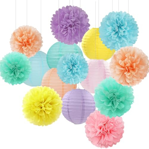 CHarmeFleur Decoraciones de Fiesta en Colores Pastel Arcoíris Flores de Papier Linternas – 15 Piezas Decoración de Cumpleaños Aula Fiesta de Bebé Pompones Serpentinas, Te