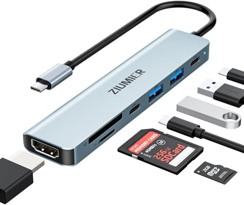 USB C Hub, 7 in 1 USB C zu HDMI Splitter für Laptop, 4K@60HZ Display, 2×USB-A 3.1 5Gbps Datenanschlüsse, PD 100W Laden, SD Kartenleser für MacBook Pro, MacBook Air, Desktop und mehr