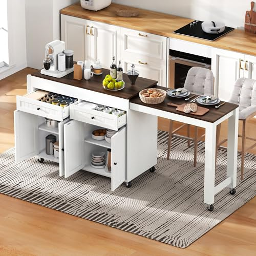 KUAKE Kücheninsel auf Rollen mit 2 Schublade,4 Türen ausziehbarer Arbeitsplatte,Ausziehbarer Bartisch mit Stauraum, erweiterbar Tisch,für 2-6 Personen,Mobiler Küchenwagen (Weiß - A)