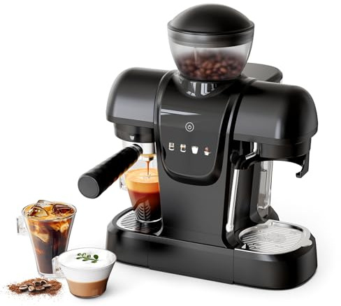 RECAFIMIL Cafetera de 19 bar con molinillo de frijoles, cafetera 2 en 1 para café molido, capuchino y latte, con espumador de leche, panel táctil, depósito de agua extraíble (negro)