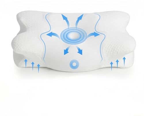 COSYLAND Almohada Cervicales y Cuello - Espuma Viscoelástica, Diseño Mariposa con Soporte Ergonómico y Transpirable, para Dormir de Lado, Boca Arriba y Boca Abajo, 60 x 40 x 10/13 cm, Blanco