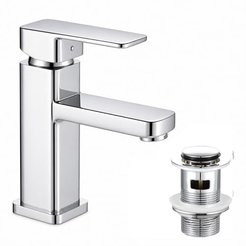 Bathroom Basin Mixer Tap with Popup Waste Slotted – Monobloc Sink Tap, Single-Hole Design with Hot & Cold Hoses for Bathroom, Washroom, Cloakroom & More - Chrome