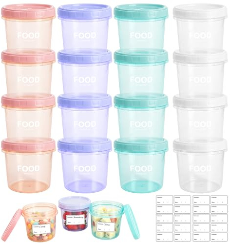 SPOKKI 16 pack Small Food Containers with Lids, 300ml Reusable Snack Pots with Sticker Labels, Leak-Proof Screw Top Plastic Containers, Granola and Yoghurt Pot, Microwave & Freezer Tubs