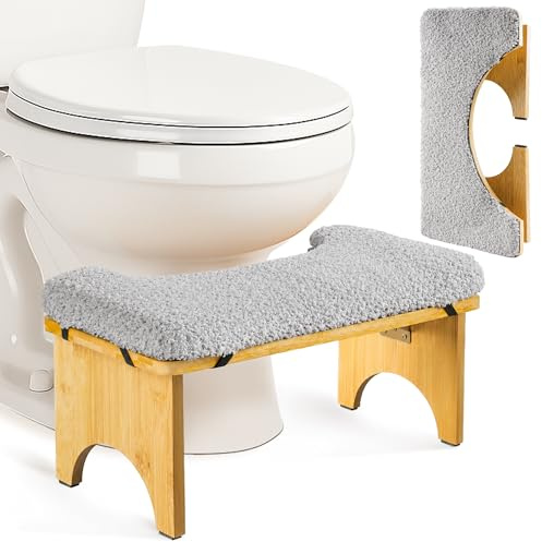 Sgabello da Toilette Pieghevole con poggiapiedi imbottito per Adulti in Legno di Bambù, Sgabello WC Ergonomico per Bagno - Per Emorroidi, Stitichezza e Gonfiore