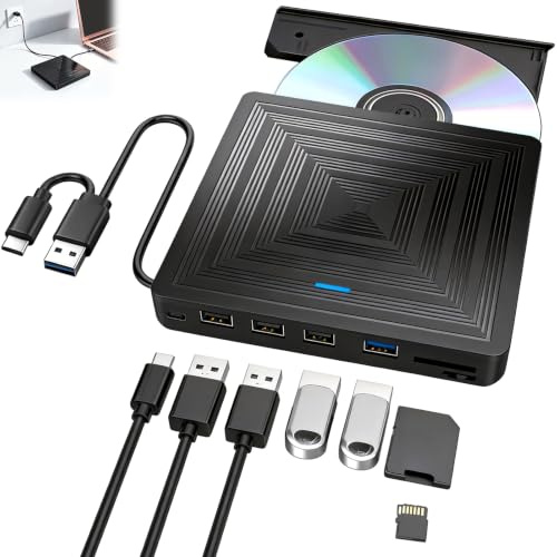 Extern DVD-enhet, CD-brännare USB 3.0 och TF/SD-kortplatser | med 4 USB-portar och 2 TF/SD-kortplatser, extern CD-spelare för bärbar dator PC MacBook Windows Linux Mac OS
