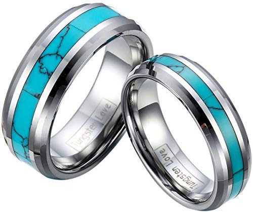 JewelryWe Schmuck 1 Paar Wolfram Wolframcarbid Synthetische Türkis Inlay Partnerringe Freundschaftsringe Eheringe Trauringe Verlobung Ringe Band, Silber Grün