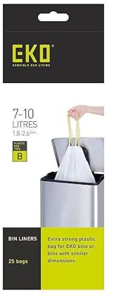 EKO 25-35 Litre Drawstring Bin Bags, Heavy Duty Kitchen Bin Liners for Pedal Bins, Leakproof and Tear-Resistant for Waste & Recycling, Unscented Food Waste Bags, 12 Count, Code E, White