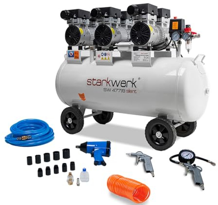 Starkwerk SW 477/8 Flüsterkompressor Silent Kompressor 2,25kW !69 dB! 8Bar ölfrei 100L Kessel Druckluftkompressor leise Compressor inklusive Druckminderer und Wasserabscheider