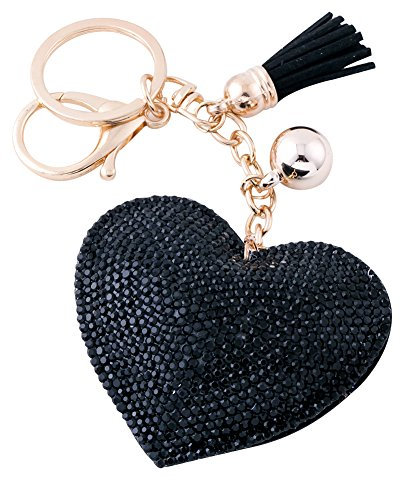Soleebee Leder Liebes-Herz Keychain Bling Kristallstrass Taschen Koffer Rucksäcke Zubehör Charm Auto Schlüsselanhänger Schlüsselring mit Quasten (Schwarz)