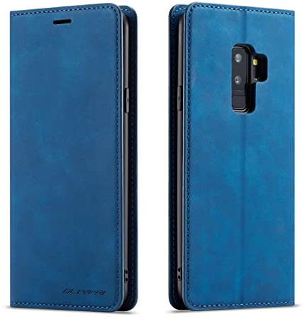 QLTYPRI Fodral till Samsung Galaxy S9, premium PU-läderfodral TPU stötfångare med korthållare ställ dold magnetisk adsorption flip plånboksfodral för Samsung Galaxy S9 – blå