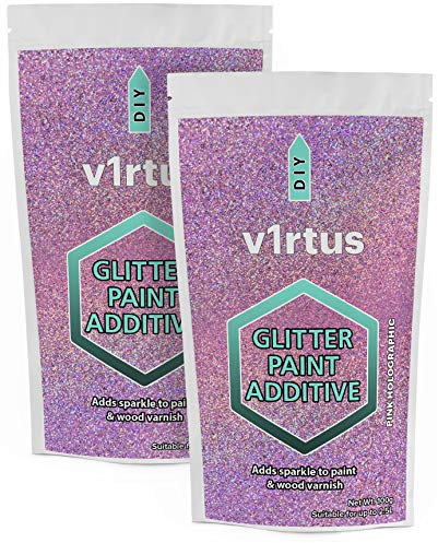 v1rtus 2X Glitter Paint Additive - Pink Holographic | 100g (x2) Metallic Flakes for Adding Sparkle to Paints & Wood Varnish | Add to Emulsion, Acrylic & Latex for Indoor Sparkly Walls