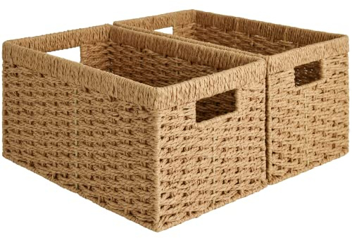 StorageWorks Round Paper Rope Storage Baskets, Rectangular Wicker Baskets with Built-in Handles, Medium, 13 ¼ x 8 ½ x 7 ¼ inches, 2-Pack