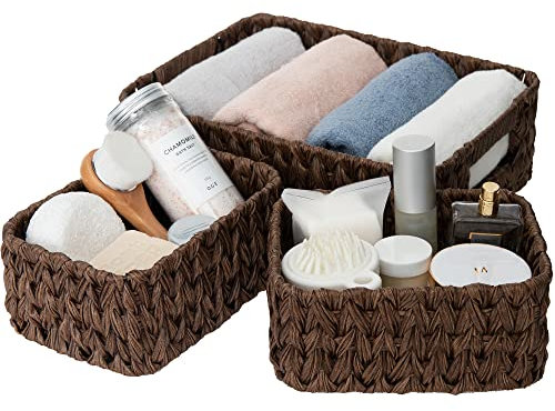 GRANNY SAYS Wicker Baskets for Organising, Pack of 3 Nesting Storage Baskets for Shelves, 1 Large Wicker Basket Storage and 2 Small Baskets Waterproof, Wicker Storage Baskets for Bathroom Shelf, Brown