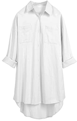 Bianstore Women's Oversized Linen Shirts Blouses Tops Long Sleeve High Low Button Up Shirts (White-L)