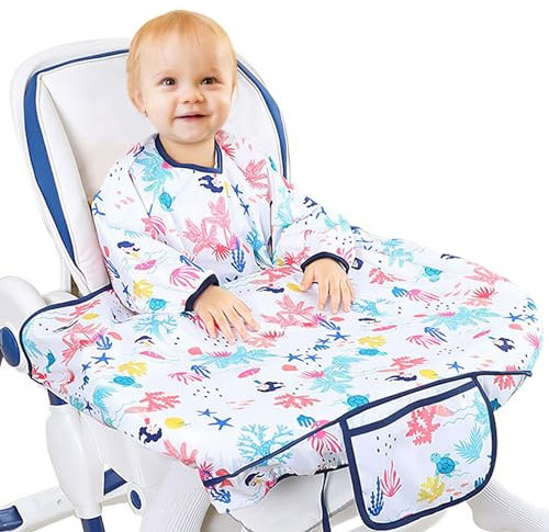 JinBei Baby Bibs with Sleeves,Toddler Feeding Bibs Coverall Long Sleeve Baby Apron for Painting,Waterproof Adjustable Wipe Clean Attaches to Highchair Weaning Bibs for Girls 6 Month to 5 Years,White