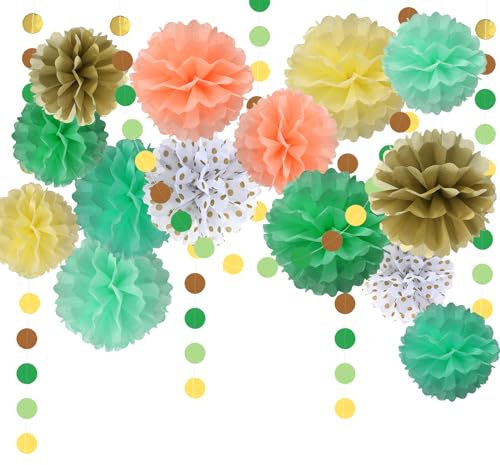 FINEASY 16 Stück Pompons Deko Seidenpapier, Party Deko Papier Girlande, Deko Geburtstag, Grün Tissue Papier Pom Poms Wabenbälle für Gartenparty Deko Hochzeitsdekorationen