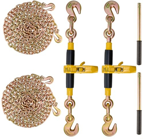 VEVOR 3/8-1/2 Ratchet Chain Binder with Chain, G80 12000 lbs Secure Limit, Heavy Duty Load, Labor-Saving Anti-Skid Handle, Tie Down Hauling Chain Binders for Flatbed Truck Trailer, 2 Set & Yellow