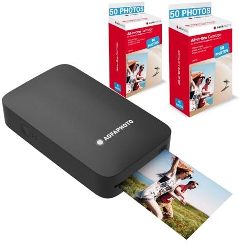 AgfaPhoto - Pack Imprimante Realipix Mini P + Cartouches et Papiers AMC pour 100 Photos - Imprimante Photo Format 5,3 x 8,6 cm Via Bluetooth - Sublimation Thermique 4Pass - Noir