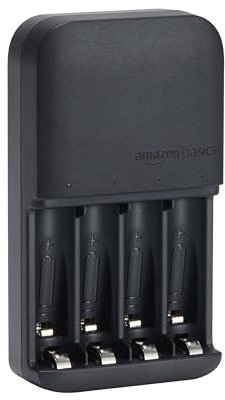 Amazon Basics Cargador de pilas para pilas recargables AA y AAA NiMh, enchufe de la UE, 4 espacios., Negro