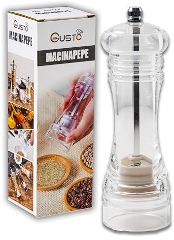 IPEA Macinapepe Manuale Trasparente per Pepe, Peperoncino e Sale - Altezza - Piccolo Macina Pepe Classico da Cucina con Smerigliatrice in Metallo per Macinare Spezie, Cumino, Sesamo
