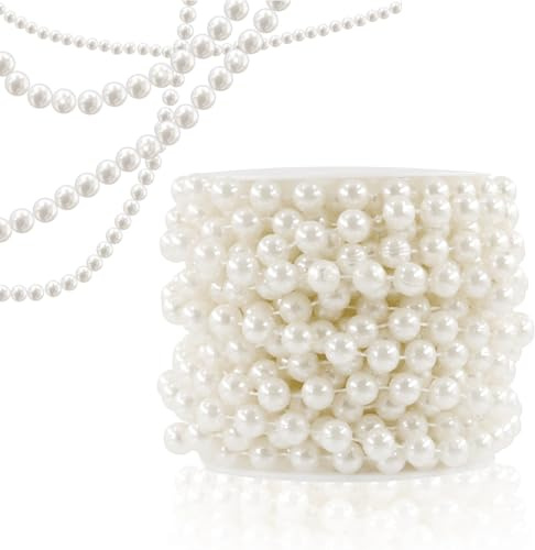 Swpeet Cuerda de perlas blancas de 20 m, guirnalda de perlas de 10 mm, cadena de cuentas de perlas, ideal para guirnaldas, decoración de bodas, fiestas, ramo de novia y candelabros