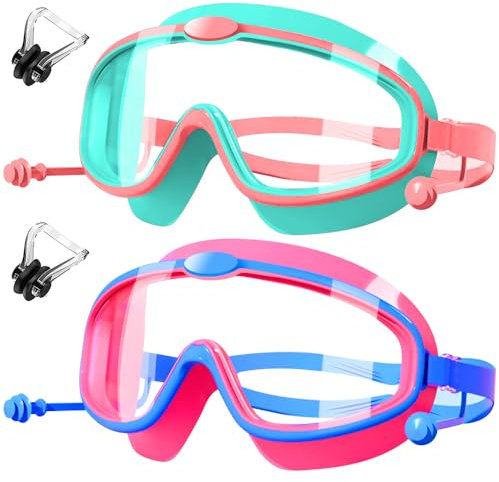HINATAA Schwimmbrille Kinder,Antibeschlag Schwimmbrillen mit Nasenklammer,Swimming Goggles mit Integriertem Ohrstöpsel,Taucherbrille für Jungen Mädchen 3-8 Jahren, UV-Schutz,Kein Leck (Grün+Rot)
