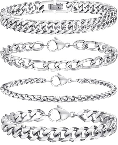 4 Stücke Armband Silber, Edelstahl Armbänder für Männer, Armreif Panzerkette Hip Hop Rapper Glieder Link Armkette, Schmuck für Papa Freund Geschenk