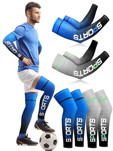 Newcotte 4 pares de mangas de compresión de protección UV para piernas y brazos, para verano, hombres, mujeres, baloncesto, fútbol, correr, ciclismo y otros deportes, negro, azul, gris (Blue, Gray),