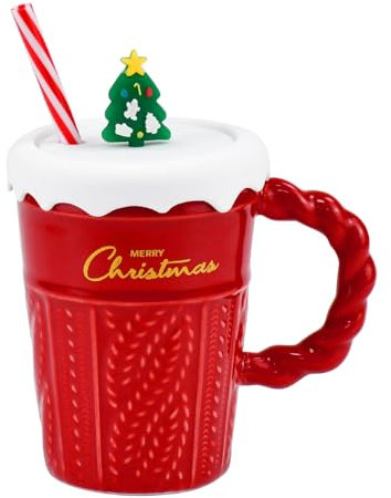 KITERI 400ML Christmas Coffee Mug, Christmas Ceramic Coffee Cup Red Xmas Mugs with Lid Cute Christms Tea Cup Christma Hot Chocolate Mug with Straw for Winter Xmas Gift Festive Party
