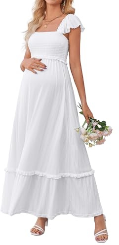 OUGES Dam 2025 sommar graviditet fotografering klänning boho maxi smockad baby shower klänning volang ärm mammakläder, Vitt, XL
