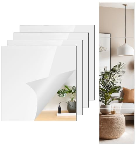CEUQIESO 4-pack självhäftande akrylspegel, 35 x 35 cm spegelplattor, flexibla plastspegelblad väggklistermärken, 2 mm tjock full längd vägg gym för hem spegel ramlös hem fitness-spegel