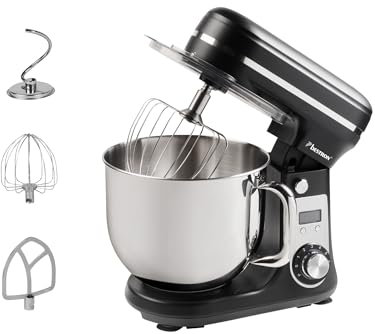 Bestron - Robot pastelero (65 dB), robot de cocina 4 en 1, cuenco de 6 litros, incluido gancho amasador, batidor y batidor plano, 6 velocidades + función Pulse, negro mate