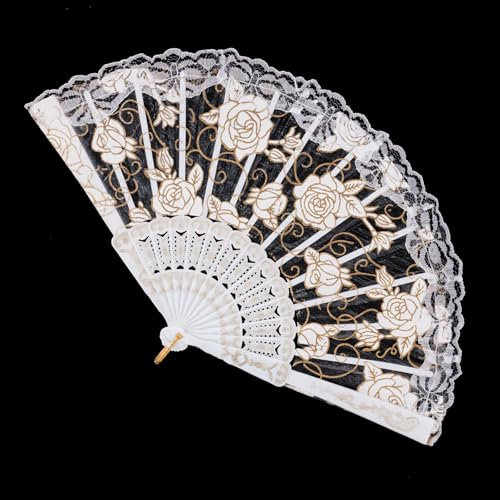 Grevosea Handheld Chinese Folding Fan, Lace Hand Fans for Women Elegant Foldable Fans for Party Wedding Church Dancing and Decoration (White)