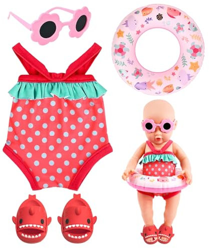 Randomgo Schwimmset für Puppen, Sommer Puppenkleidung, Puppenzubehör Kleidung Outfits, Schwimmset für Puppen mit Badeanzug Schwimmring Sonnenbrille für 35-45 cm Puppen (A)