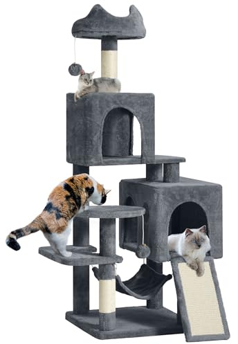YITAHOME Kratzbaum Groß, XL 137 cm hoch, mit 2 Sisalpfosten Kratzsäule, 1 Plattformen, 2 Höhlen, Hängematte, Plüschbälle, Katzenkratzbrett, Kletterbaum für Katzen, Dunkelgrau