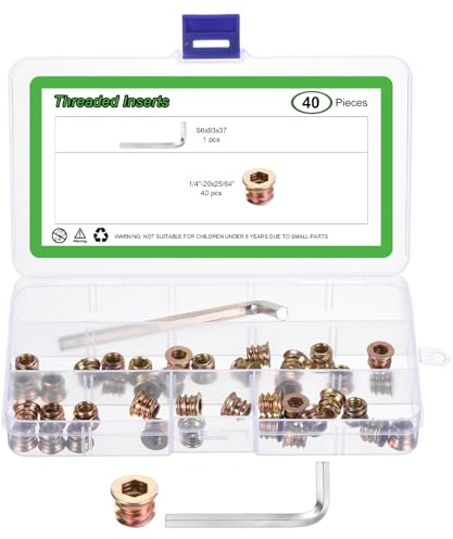 QUARKZMAN 40Pcs Inserti Filettati 1/4-20x25/64, Dadi In Lega Di Zinco Con Innesto Esagonale, Kit Dadi Inserti Filettati Con 1 Chiave Esagonale, Set Bulloni Per Mobili In Legno