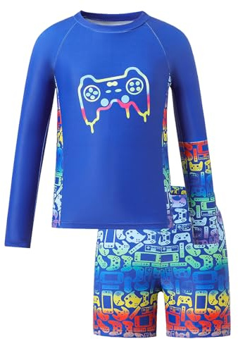 OXUBOAO Boys Swimwear Sets Kids Long Sleeve Bathing Suit UPF 50+ 3D Game Print Rash Guard Teen Swim Shorts (Blue,12-13T)