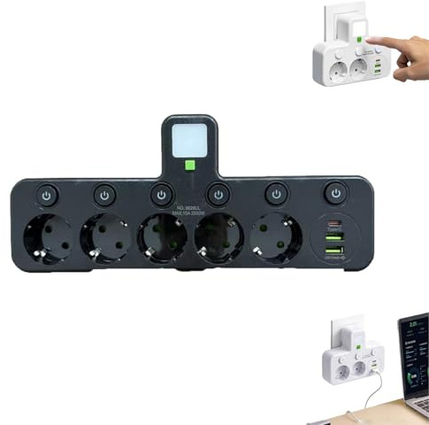 Ciabatta elettrica senza fili, con luce notturna, multifunzione, controllo singolo interruttore, 2/3/4/5 slot + 2 Type-C + 1 porta USB (5 dosi, nero)