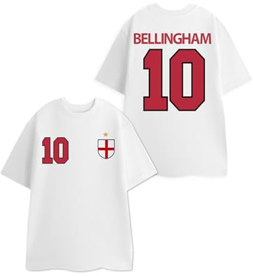 Show Me The Merch Bellingham 10 White Red Graphic Tee | England Jersey Football T-Shirt | Numbered Sports Top with Front & Back Print | Unisex Lifestyle Football Merchandise